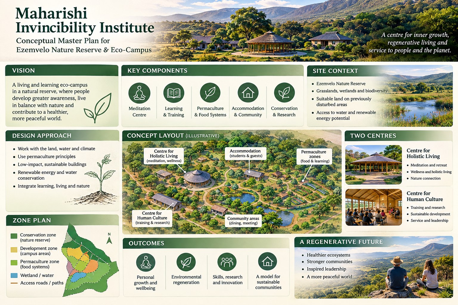 Conceptual master plan for the Maharishi Invincibility Institute at Ezemvelo Nature Reserve: vision, components, zone plan and concept layout