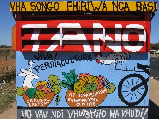 A bus stop painted with a permaculture mural in Venda