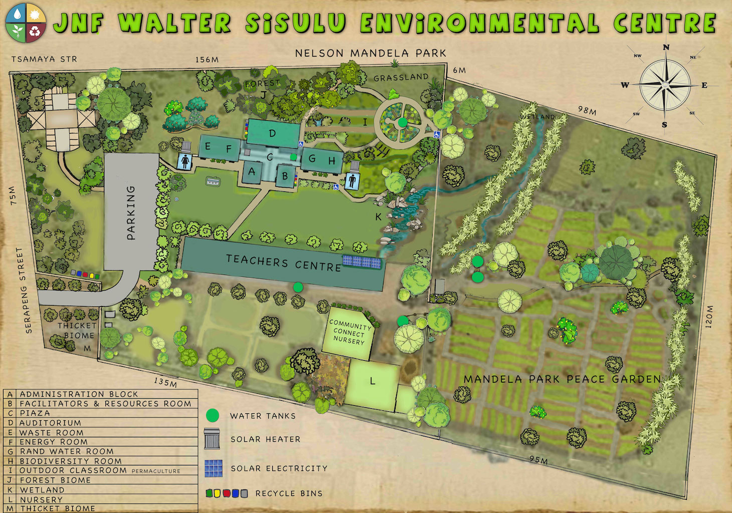 Site plan of the JNF Walter Sisulu Environmental Centre, showing the Teachers Centre, Mandela Park Peace Garden, nursery and wetland